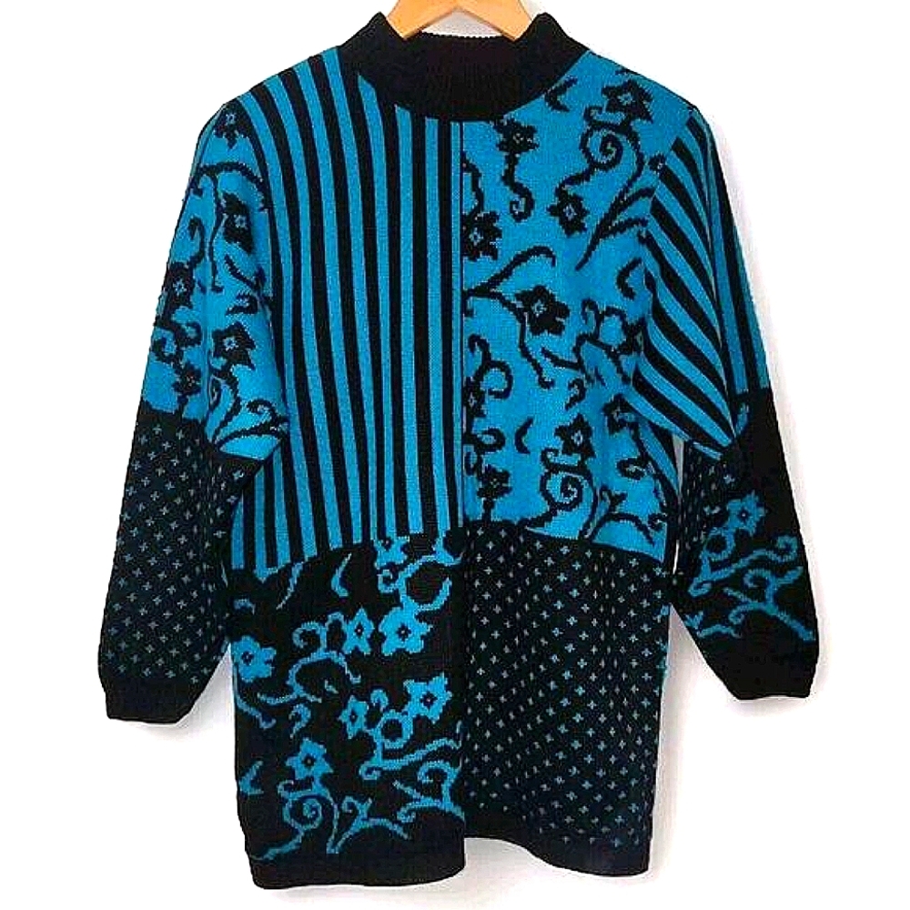 Alfred Dunner Blue and Black Patterned Sweater